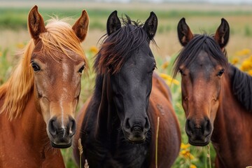 horse in the field. 
Group of three young horses on the pasture