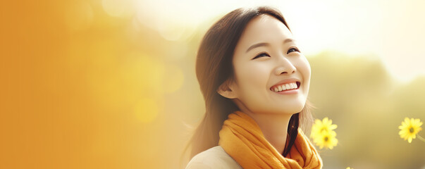 A woman enjoys a sunny day outdoors in a park, smiling while holding a sunflower, surrounded by warm golden hues and greenery
