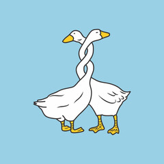 cartoon vector draw of 2 ducks neck tied to each other