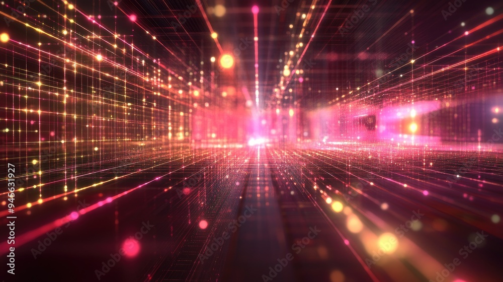 Poster 3d rendering of abstract space grids elements and lights related to educational science and contempo