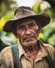 A close-up portrait of an elderly coffee farmer wearing a straw hat, holding coffee beans in his hands, with deep expression and rich details.