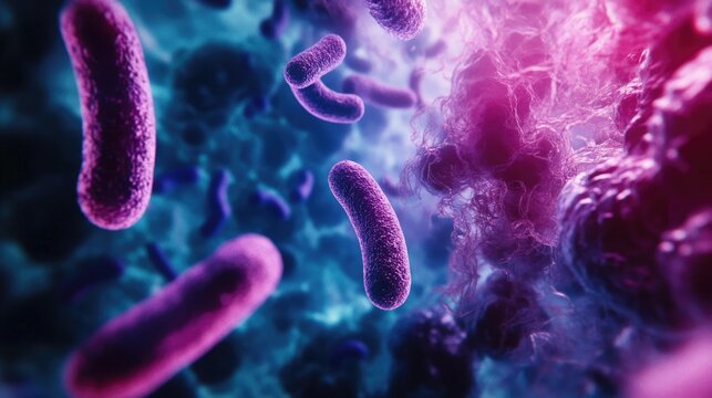 Abstract medical background featuring chlamydia bacteria observed through a microscope suspended in gel plasma with 3D rendering effects