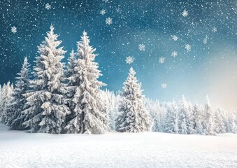 Obraz premium Snowy pine trees in a winter landscape with falling snowflakes and a blue sky Generative AI