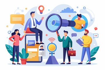 Recruitment, human resources searching for candidate, hiring or finding staff for vacancy, marketing search for client or customer concept, business people searching with binoculars and megaphone
