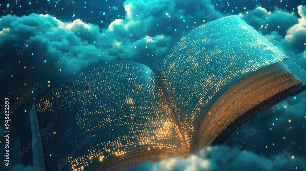 Poster abstract 3d background featuring clouds and an open book alongside hexadecimal code