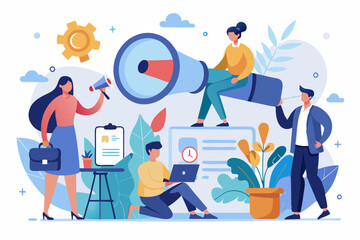 Recruitment, human resources searching for candidate, hiring or finding staff for vacancy, marketing search for client or customer concept, business people searching with binoculars and megaphone
