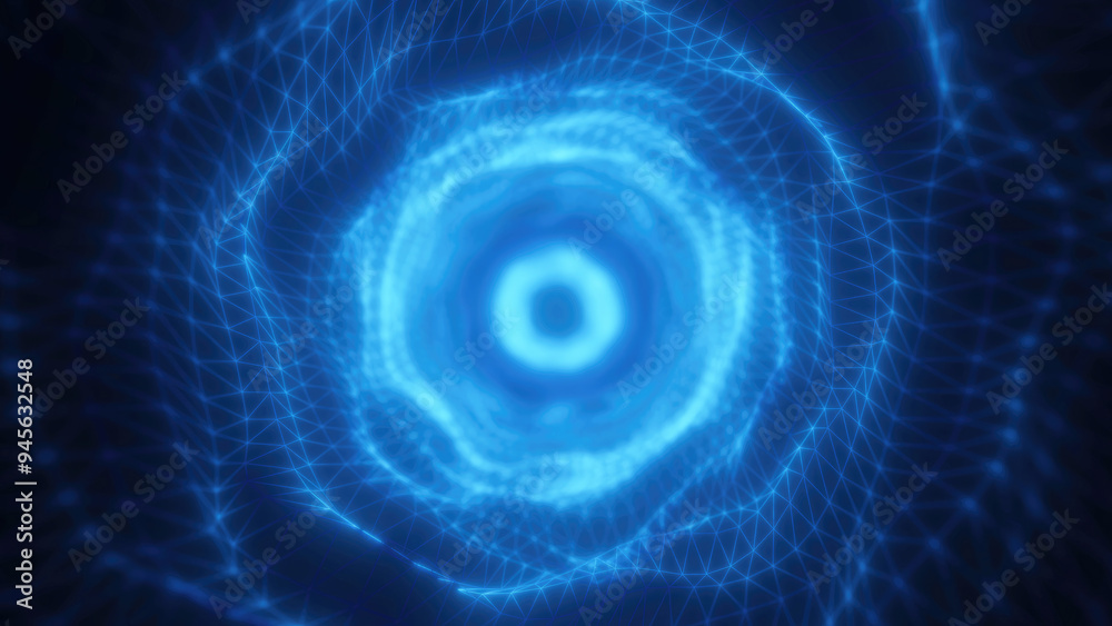 Poster a glowing blue vortex with geometric wireframe patterns converging toward the center, creating a fut