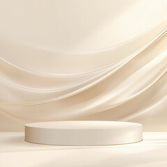 Empty soft pastel round product display podium against beige fabric and wall 