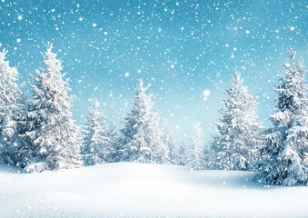 Fototapeta premium Snowy pine trees in a winter landscape with falling snowflakes and a blue sky Generative AI