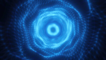 A glowing blue vortex with geometric wireframe patterns converging toward the center, creating a futuristic and digital abstract tunnel tech sci-fi effect