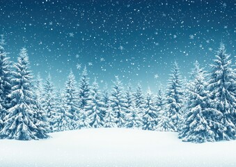Snowy pine trees in a winter landscape with falling snowflakes and a blue sky Generative AI