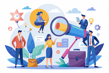 Recruitment, human resources searching for candidate, hiring or finding staff for vacancy, marketing search for client or customer concept, business people searching with binoculars and megaphone
