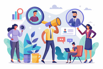 Recruitment, human resources searching for candidate, hiring or finding staff for vacancy, marketing search for client or customer concept, business people searching with binoculars and megaphone
