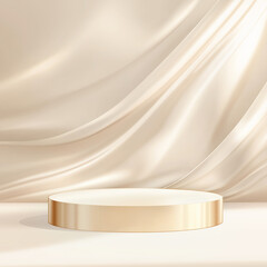 Empty soft pastel and golden round product display podium against beige fabric and wall 