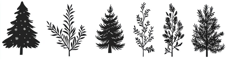 Obraz premium Black silhouette illustrations of various botanical stems and branches with leaves and berries on a white background Generative AI