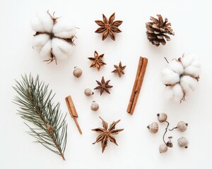 Fototapeta premium Flat Lay of Natural Elements: Cotton, Star Anise, and Pine Branch Generative AI