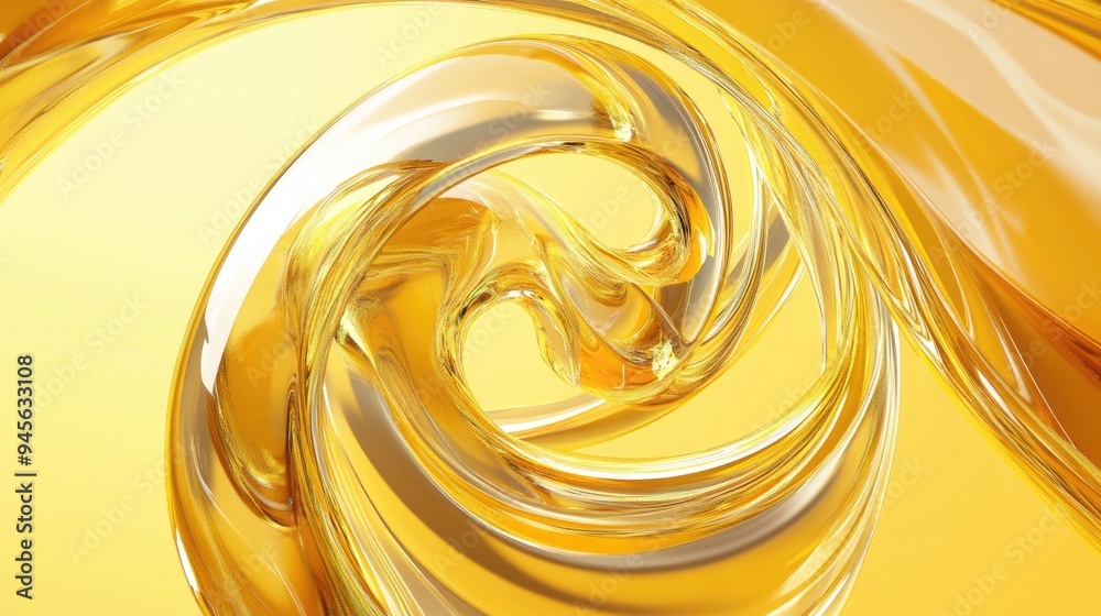 Poster abstract circular glass shapes and curves set against a yellow background rendered in 3d digital ill