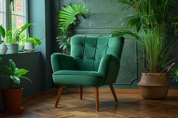 Obraz premium Stylish green armchair nestled between plants in a cozy living room.