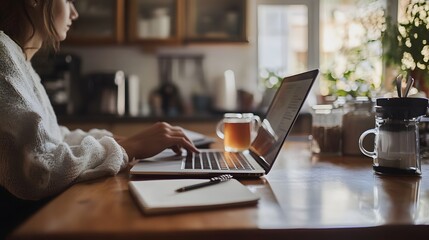 Remote working. A person working on a laptop while sitting at a kitchen island, with a cup of tea and