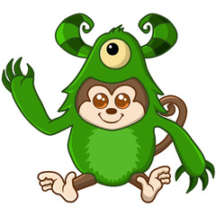 Fototapeta premium a cheerful monkey wearing a green monster costume waving his arms