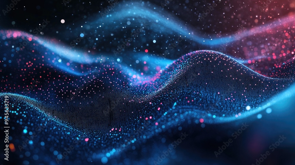 Poster abstract digital background featuring dynamic particles representing the flow of information and vis