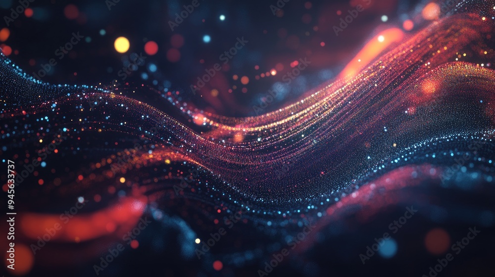 Poster abstract digital background featuring dynamic particles flow of information space visualization of l