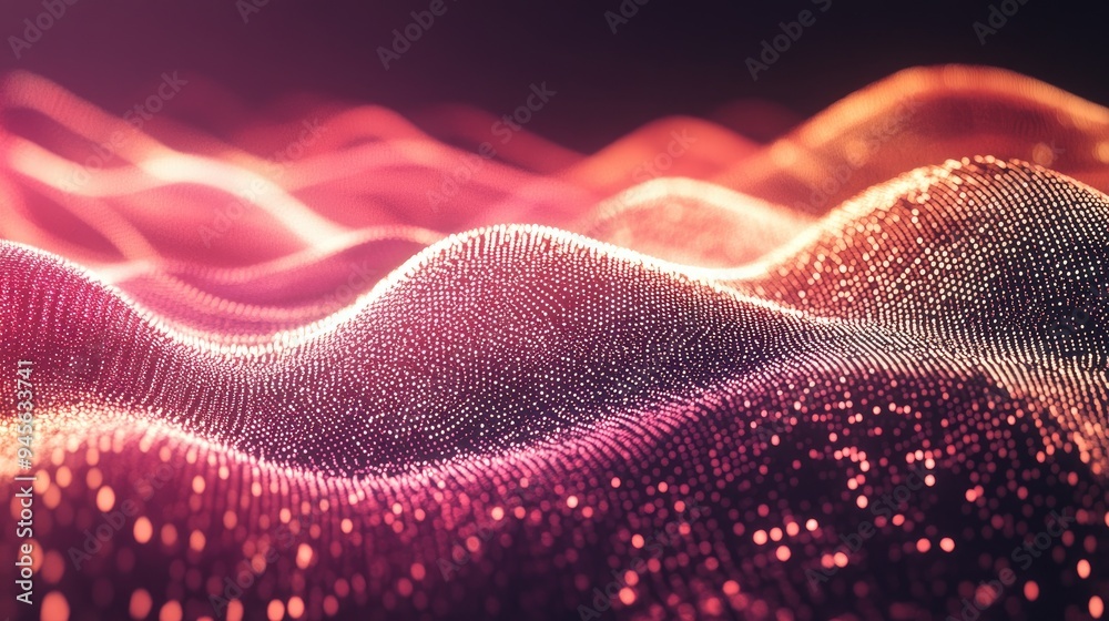 Poster abstract digital data backdrop featuring a wave of dynamic dots and a flowing music stream in 3d