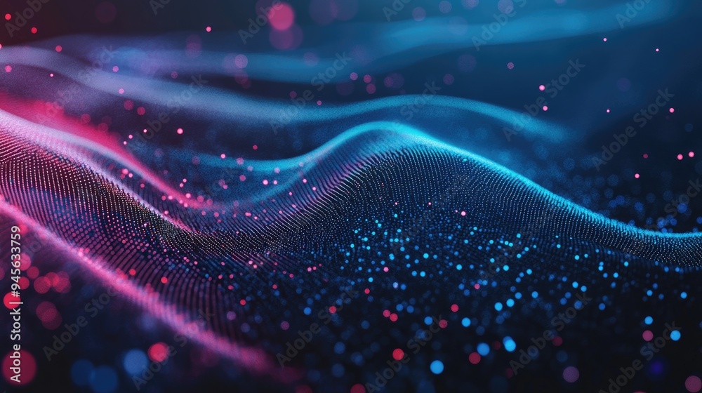 Poster abstract digital data backdrop featuring a wave of dynamic dots and a flowing music stream in 3d
