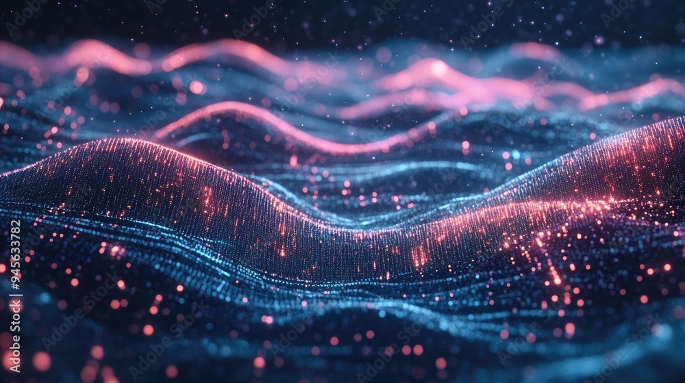 Poster abstract digital data backdrop featuring a wave of dynamic dots and a flowing music stream in 3d