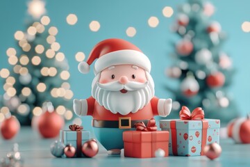 Cute Santa Claus figurine holding a gift box with Christmas tree in the background Generative AI