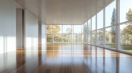 Contemporary gallery interior featuring abstract windows scenic views and wooden flooring with reflective surfaces 3D Rendering