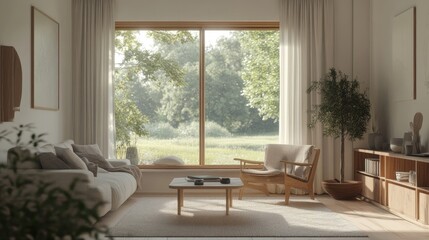 Bright living room featuring a sofa and a summer landscape visible through the window Scandinavian...