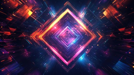 Obraz premium Abstract vibrant background featuring neon geometric lines stars and a portal leading to another dimension