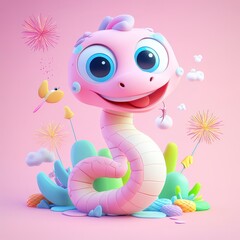 A cute pink cartoon snake with big eyes, surrounded by colorful plants and festive elements.