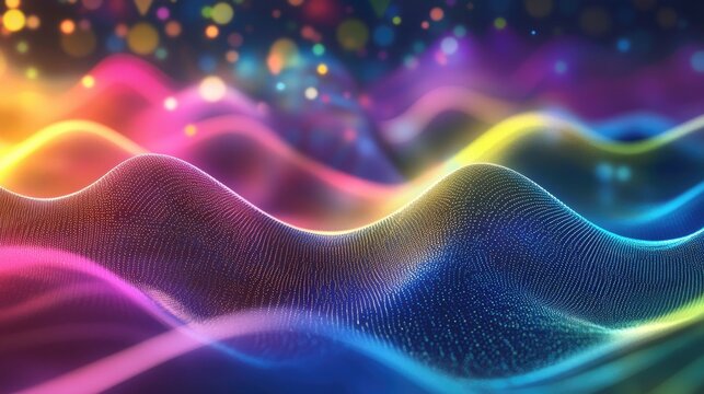 Colorful sine wave vibrations blend with light and fractal elements ideal for projects focused on sound equalization music spectrum analysis and quantum probability concepts