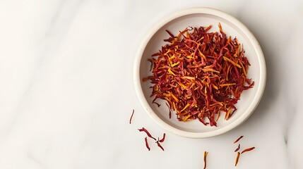 Fototapeta premium saffron spice ingredient on a white background. Saffron spice ingredient on a white backgroundready for cooking with. A close-up view of vibrant saffr