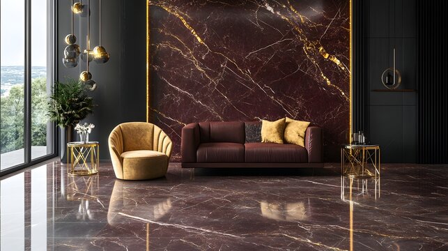 Rosso levanto marble with. A modern living room featuring a luxurious maroon marble accent wall, elegant furniture, and stylish decor, creating a soph