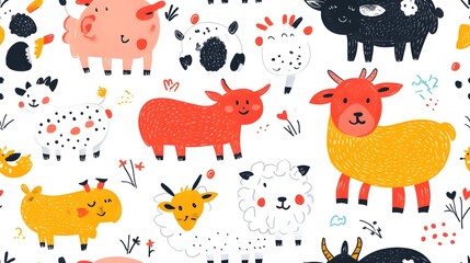 Naklejka premium seamless design with cute colorful farm animals. Seamless design with cute, colorful farm animals like sheep, pigs, and cows in a bright barnyard scen
