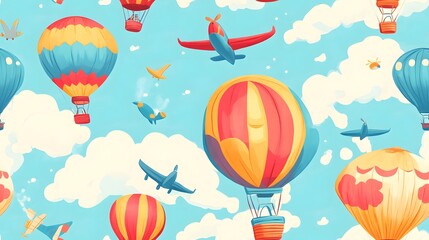 seamless design with whimsical hot air balloons. Seamless design with whimsical hot air balloons, airplanes, and kites soaring through a bright sky. A