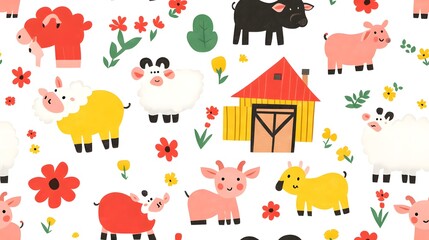 seamless design with cute colorful farm animals. Seamless design with cute, colorful farm animals like sheep, pigs, and cows in a bright barnyard scen