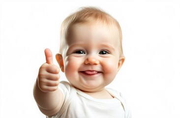 Young child smiling and giving a thumbs-up gesture, against a bright background, expressing happiness and joy