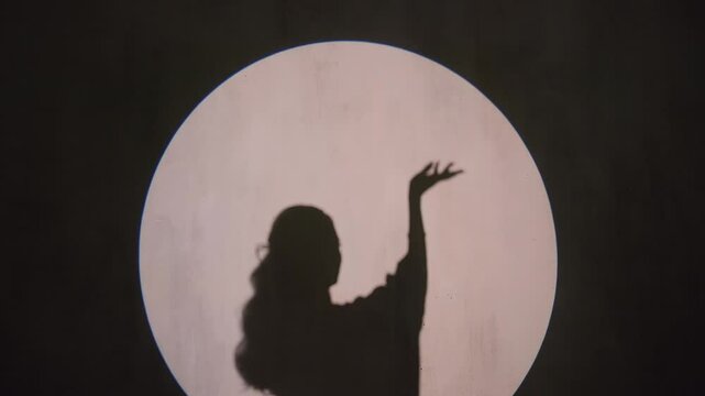 Contrast silhouette of a girl performing oriental dance, arabic elegance, cultural heritage, sense of grace. White moon on black background, unrecognisable model. High quality 4k footage