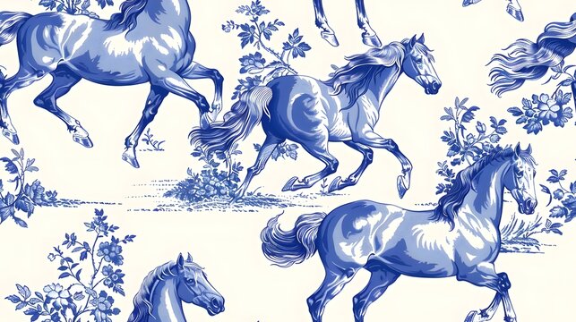 seamless tiled blue and white toile horse eques. A vibrant blue and white floral pattern featuring galloping horses against a soft cream background. 