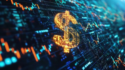 Futuristic financial technology design featuring glowing dollar symbol and digital data streams on a dark background.