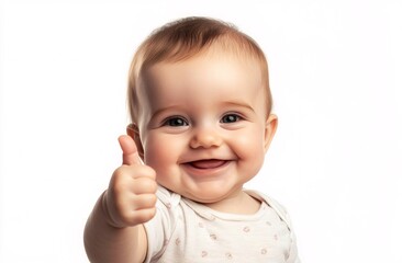 Young child smiling and giving a thumbs-up gesture, against a bright background, expressing happiness and joy