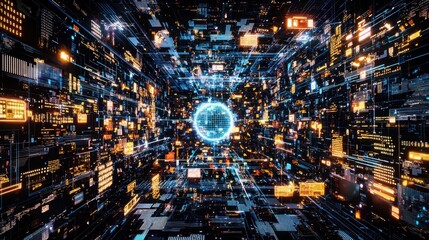Futuristic digital landscape with glowing elements and an illuminated sphere at the center, symbolizing technology and innovation.