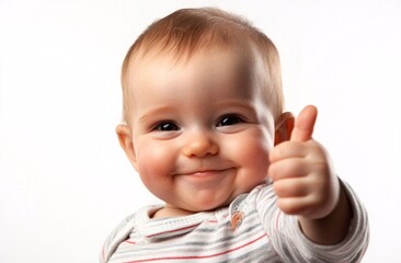 Young child smiling and giving a thumbs-up gesture, against a bright background, expressing happiness and joy