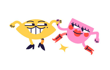 Abstract happy geometric shapes dance with passion, holding hands. Comic romantic couple of figures has fun together. Funny characters smile, rejoice. Flat isolated vector illustration on white
