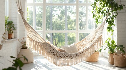 Macrame hammock with a bohemian design, hanging in a bright, airy room with large windows