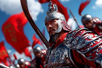 A fierce warrior in ornate armor leading an army, embodying strength and determination in a vibrant battlefield scene.